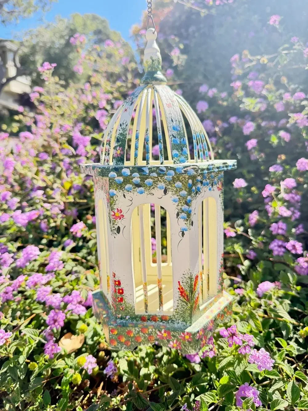 Hand Painted Wood Floral Birdcage Hanging Decor Folk Art Cottagecore Grandmacore